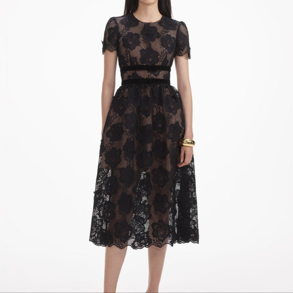 Self-Portrait Black Lace Velvet Bow Midi Dress